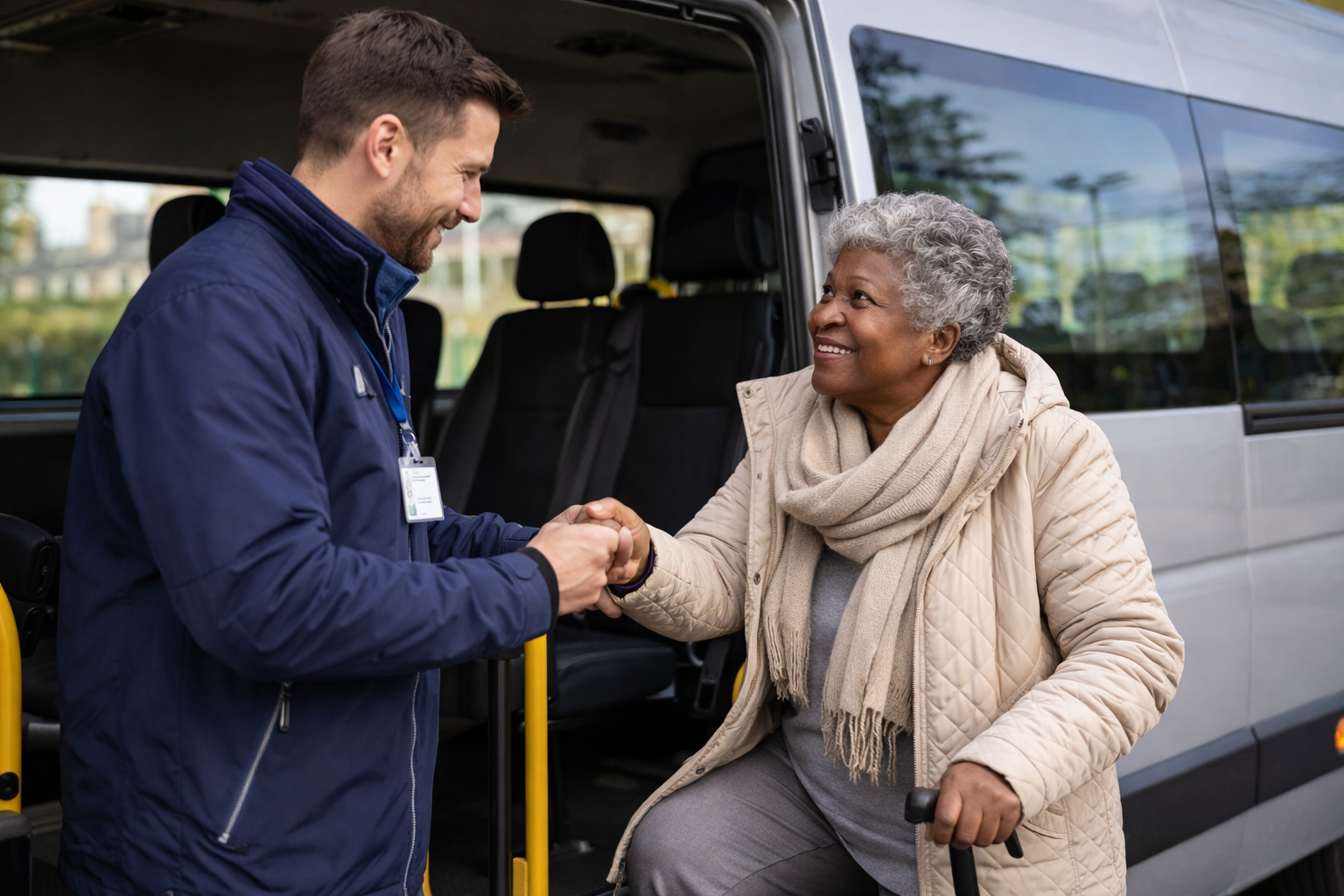 Connect Care driver helping an elderly passenger