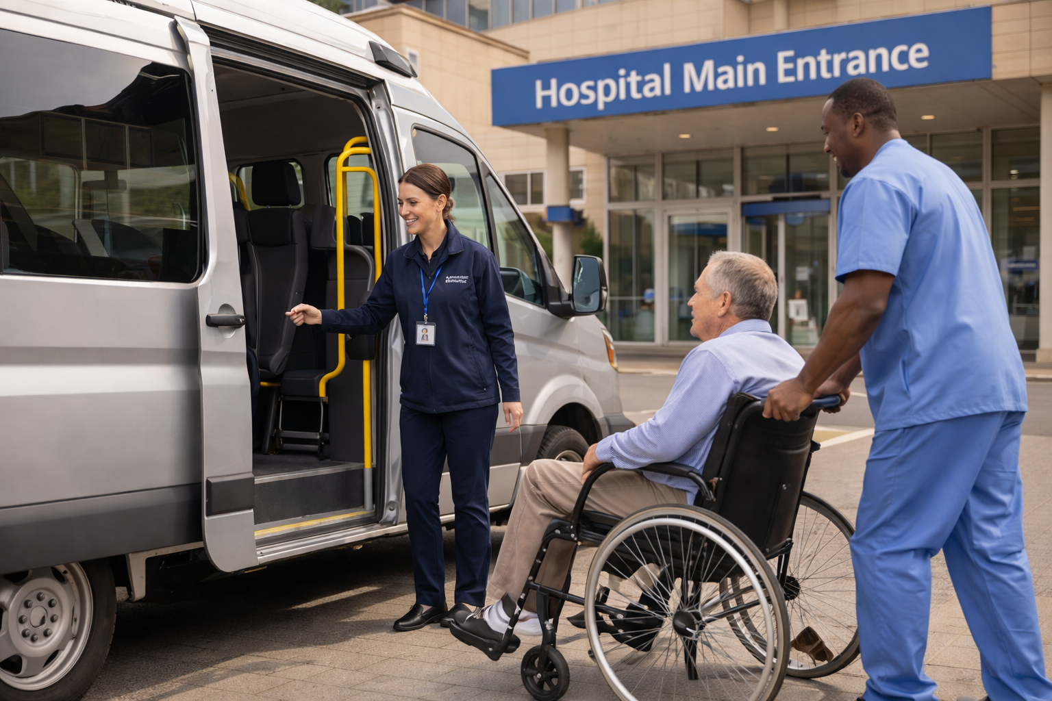 Patient being transported at hospital entrance