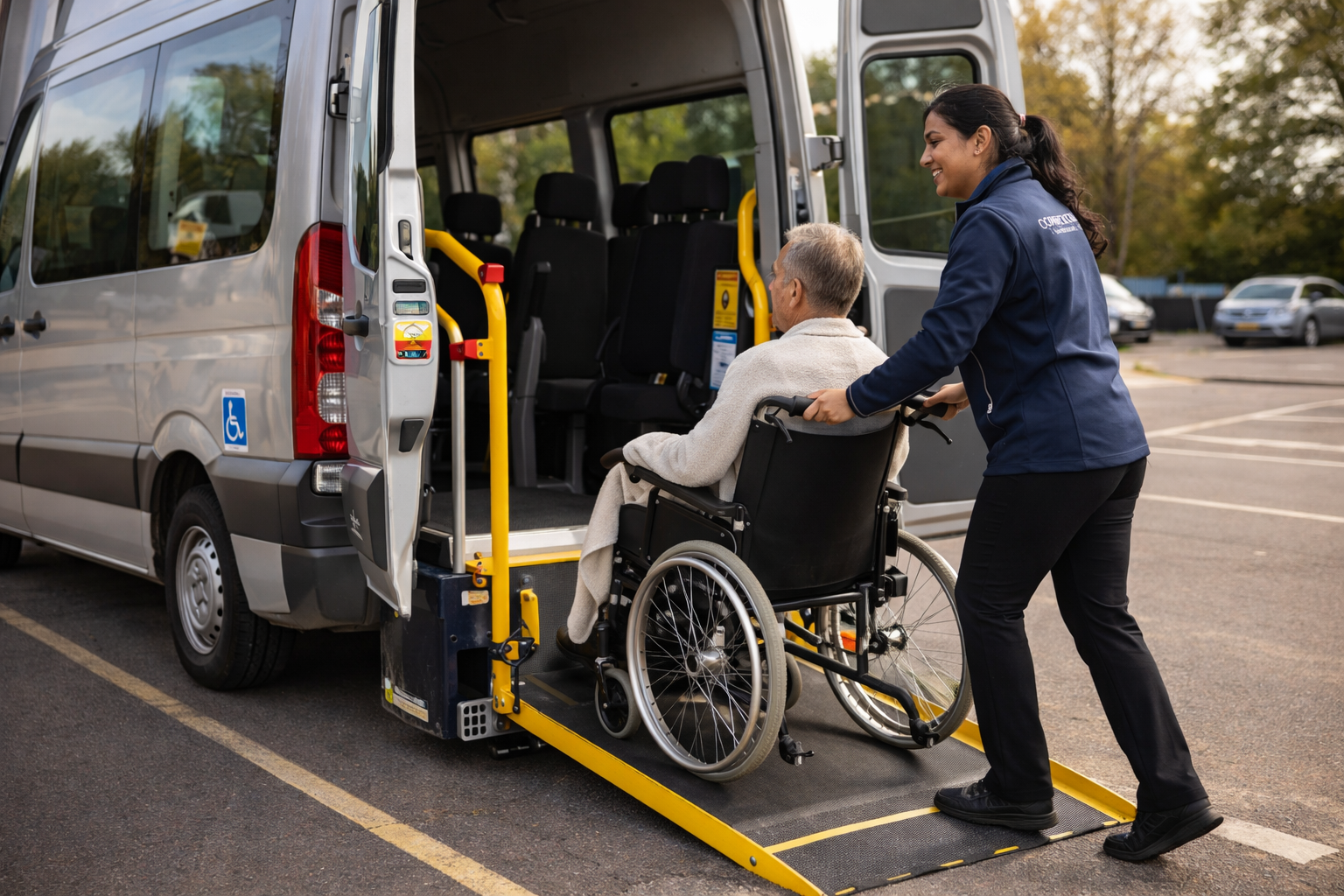 Carer assisting wheelchair user onto accessible vehicle
